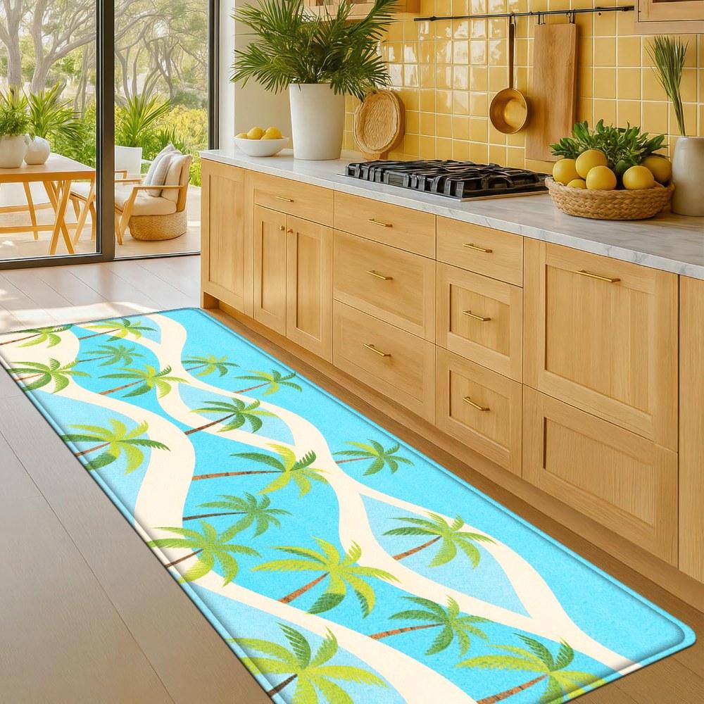 1PC， Spring Coconut Tree Beach Scene Patterned strip rugs, home décor, bathroom mats, entryway mats, bathroom non-slip mats, indoor entrance rugs, bedroom bedside mats, kitchen mats, hallway rugs, flannel sponge rugs, hallway runner rugs
