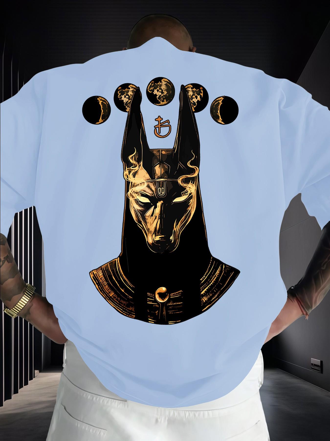 Anubis Moon Phase Egyptian Mythology Print Men's Fashion Short Sleeve Round Neck Casual Summer T-Shirt, Daily Wear