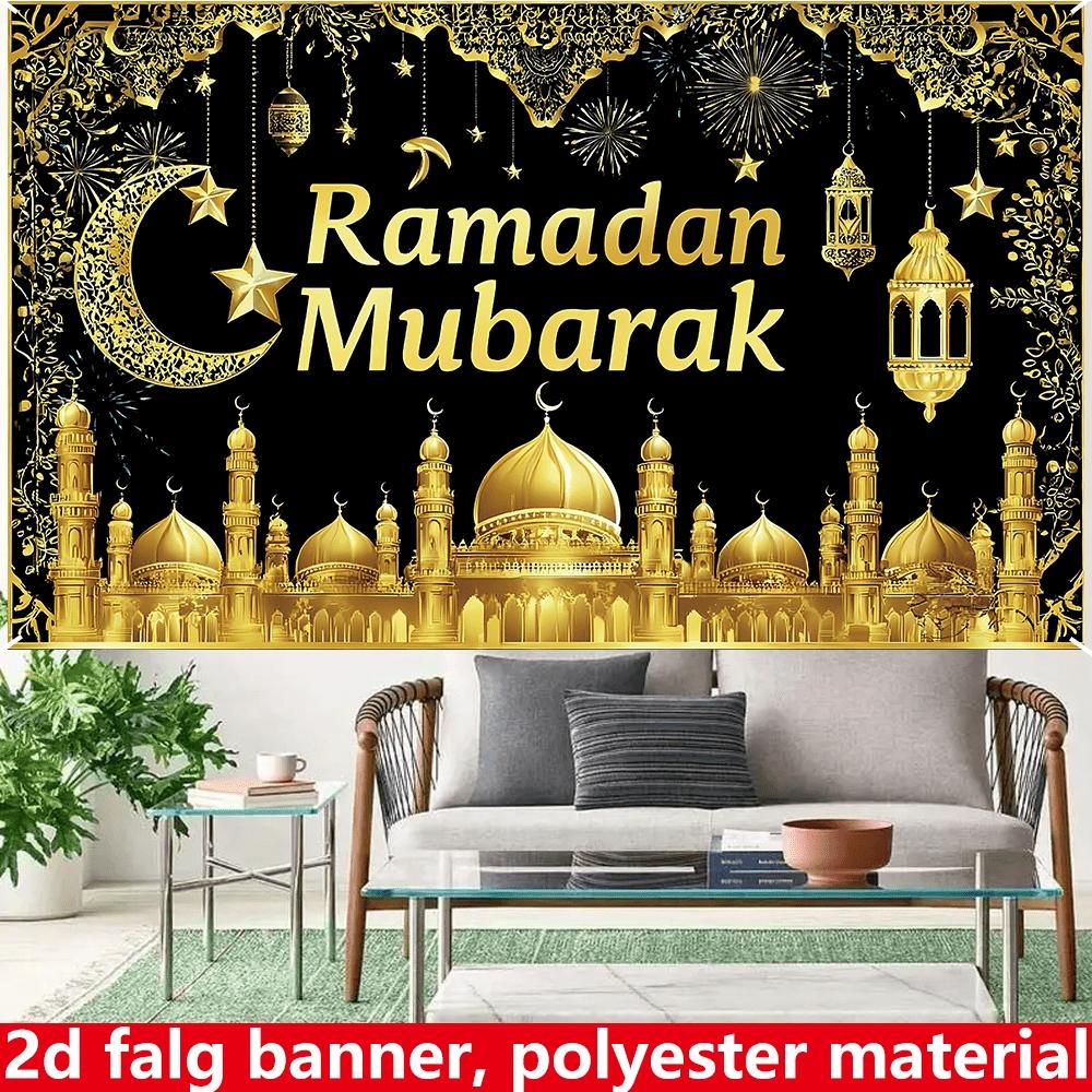 Ramadan Mubarak party banner, black and gold lantern fireworks themed background fabric, Eid al Fitr decoration supplies, polyester material, suitable for photo booths, parties, birthdays, celebrations, holiday party supplies, Party Decorations Banners