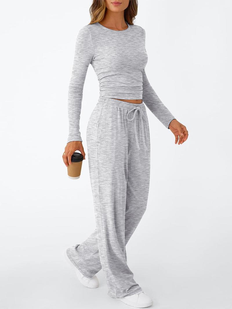 2026 Women's 2 Piece Matching Lounge Set, Long Sleeve Slightly Crop Top & Wide Leg Pants, Casual Sweatsuit for Comfortable Wear