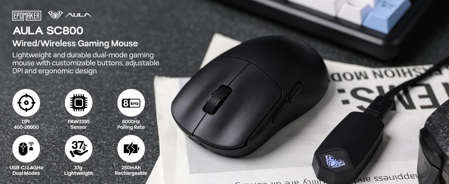 Aula SC800 Wireless Gaming Mouse, 8k Polling Rate, PAW3395, Programmable Buttons, On-Board Memory, 37g Lightweight, Adjustable 26,000 , 250mAh Battery, PC/MAC/Linux