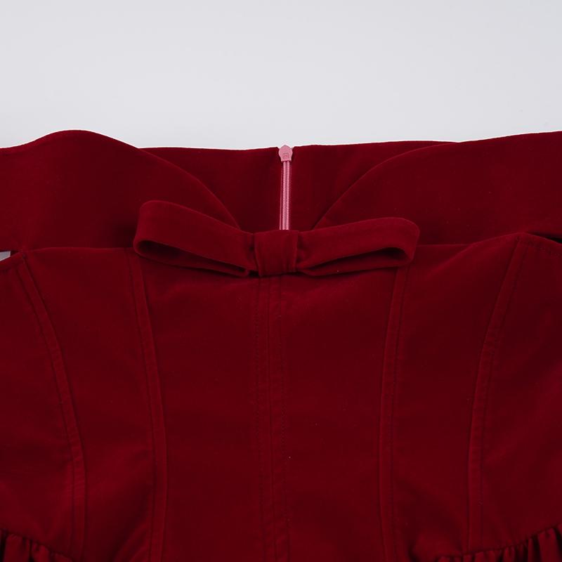 Elegant Banquet Style Solid Wine Red Off-Shoulder Bow Panel Dress. Sleeveless Cold-Shoulder Tie-Waist A-Line Mini Skirt. Perfect for Birthday Formal Occasion Puff Party Dress.
