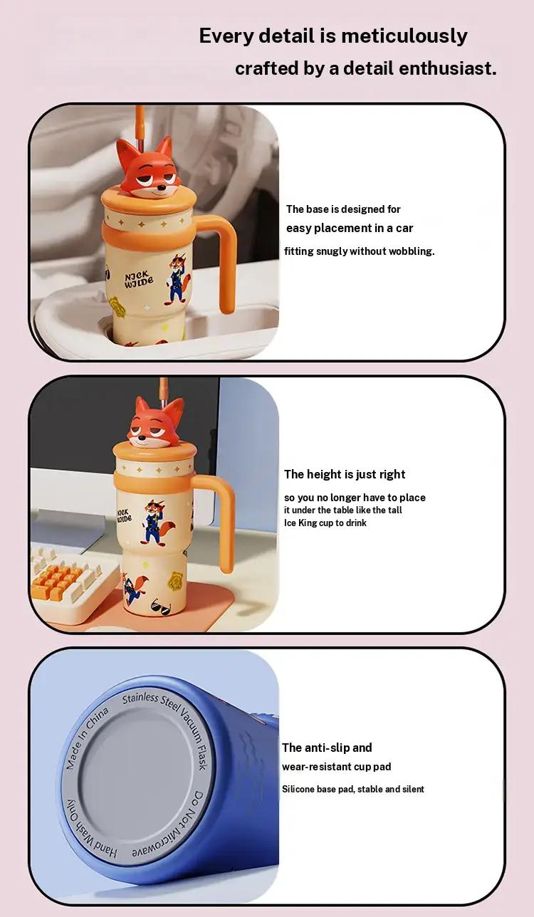 Disney Series Large Capacity lce King Cup Zootopia Strawberry Bear Stitch Design Insulated Tumbler Straw Cup Bottle with Handle Portable Holiday Halloween Christmas Ideal Gift for Kids Students Office Coffee Drinks Storage Valentine Gift for Girlfriends