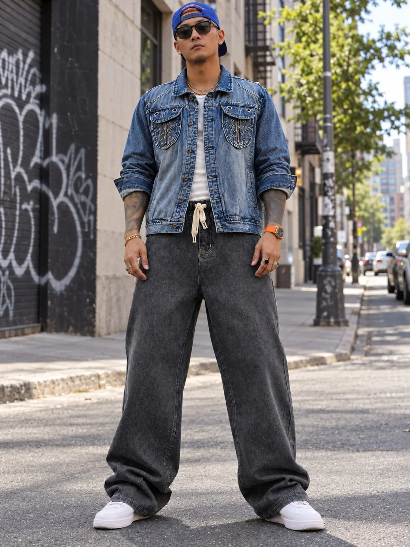 Men's Vintage Blue Washed Denim Two-Piece Set, Metal Eyelet Pocket Jacket with Textured Wide Leg Drawstring Pants, Y2K Streetwear Style