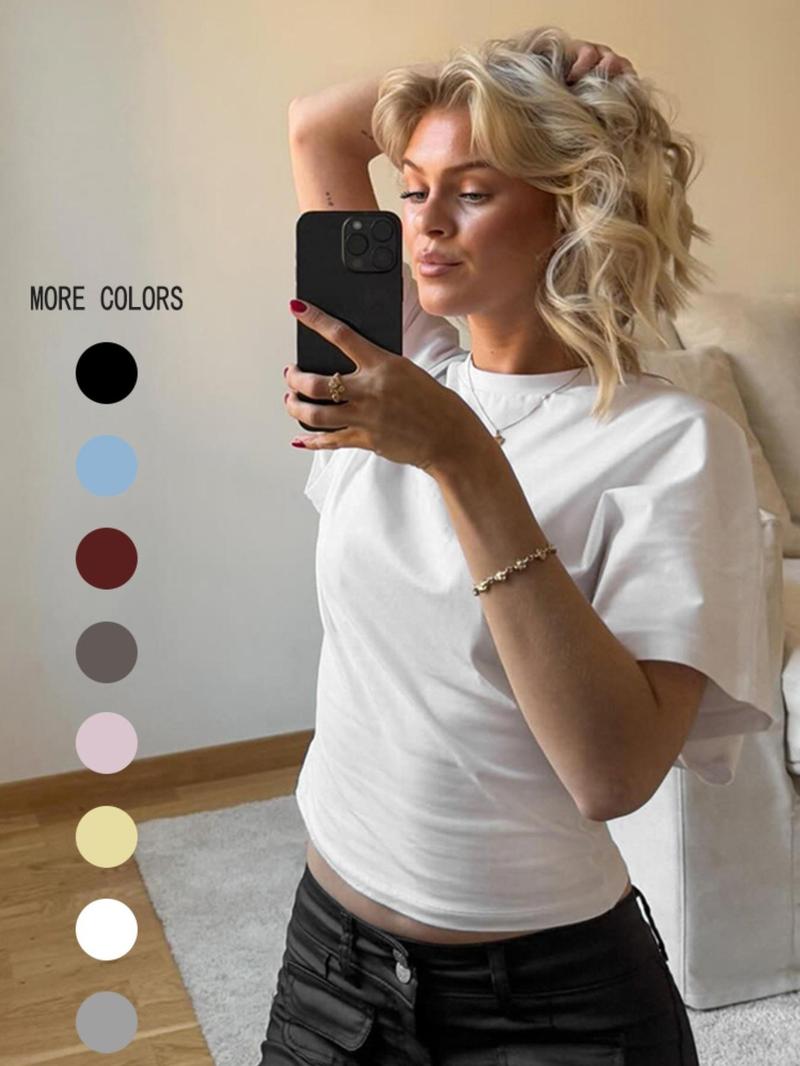 Women's Solid-Color Round Neck Tee, Casual Half-Sleeve T-shirt for Summer, Women's Top for Daily Wear