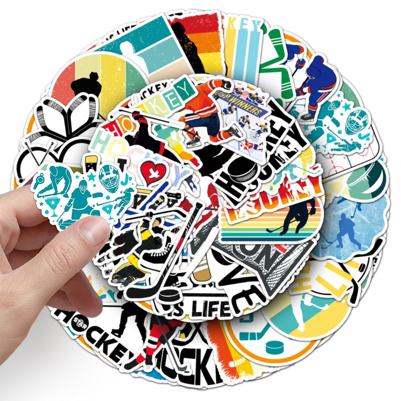 50pcs Hockey Stickers, Sports Themed Vinyl Decals, Waterproof Stickers for Water Bottle Laptop Skateboard Luggage, Hockey Player Stickers Pack for Teens Boys Sports Fans
