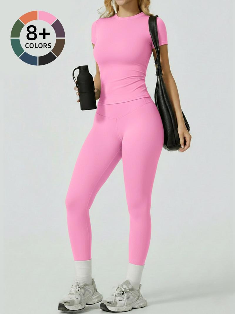 Women's Yoga 2-Piece Set, Breathable Short Sleeve Tee & High Waist Tight-Fit Pants, Sporty Style, All-Season Wear, Yoga Outfit Set, Casual Workout Loungewear