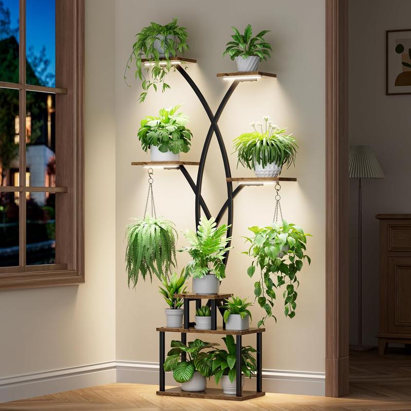 POZILAN Plant Stand Indoor with Grow Lights,Metal Plant Flower Display Shelves, Tree-Shaped Plant Rack for Home, Patio, Black