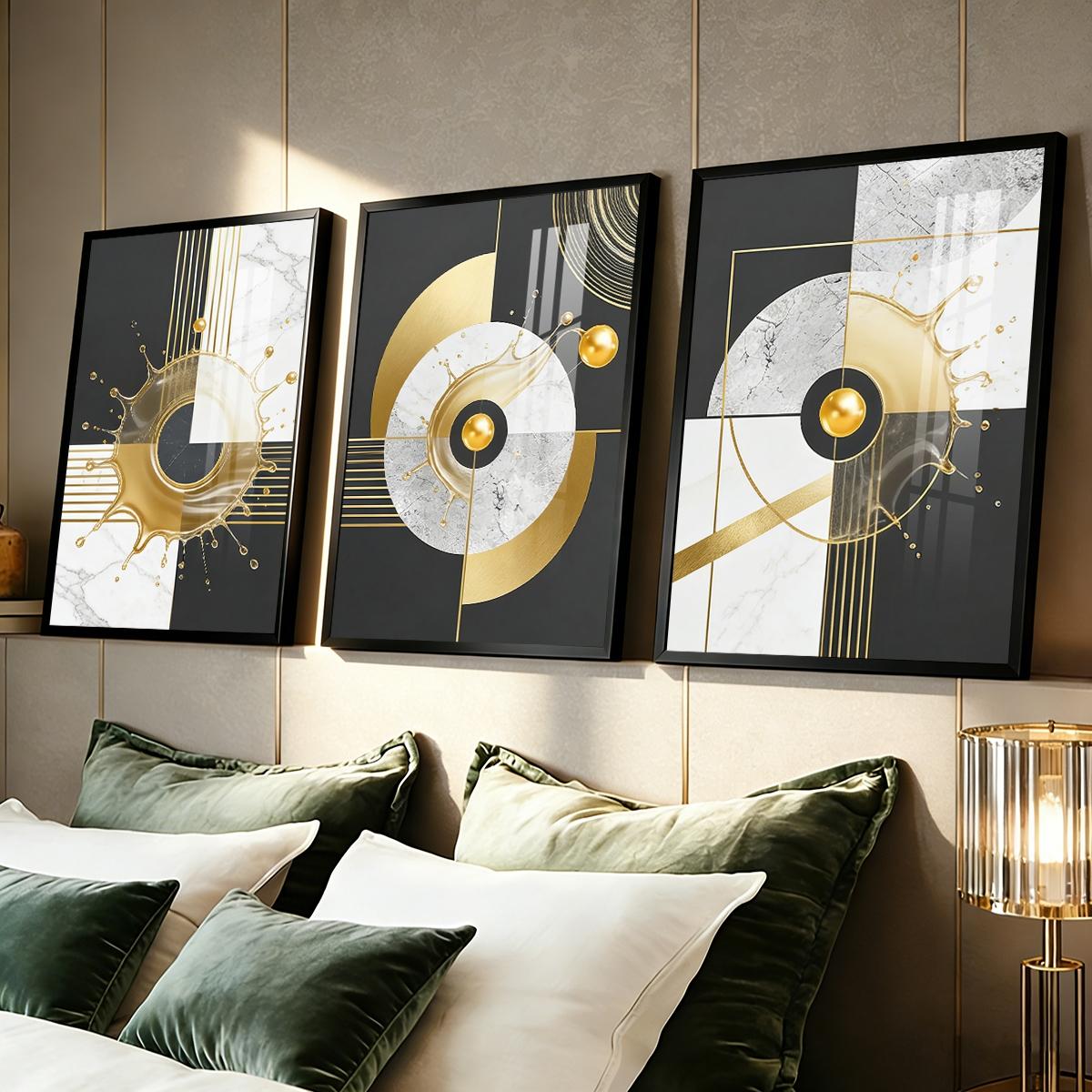3 Counts Aluminum Alloy Framed Painting, Abstract Golden Splash Geometric Art Pictures, Home Decoration For Living Room, Bedroom, Office, Restaurant, Hallway Wall Decor, Odorless Print Artwork, Luxury Perfect Gift For Friends And Family