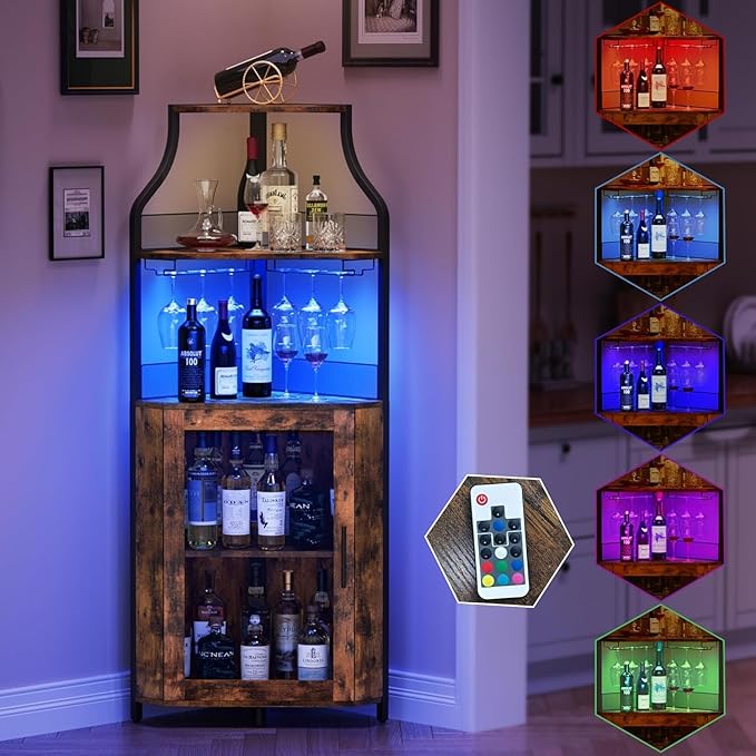 Corner Bar Cabinet with LED Lights, Wine Bar Cabinet with Adjustable Shelf and Glass Holder 5-Tiers Storage Space Corner Liquor Cabinet Industrial Liquor Cabinet for Small Space