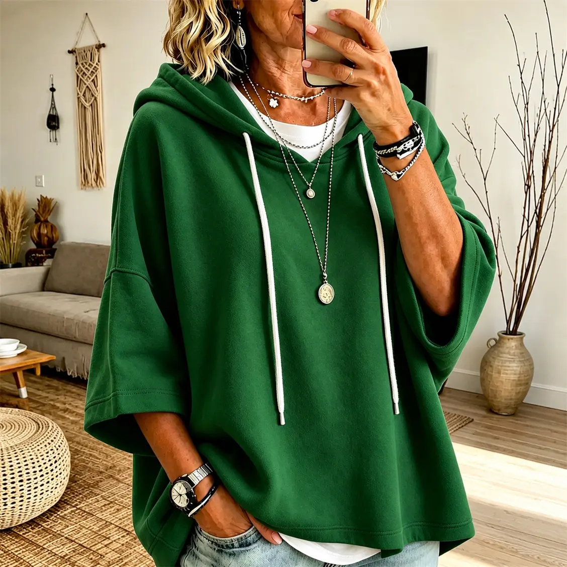 Women’s 3/4 Sleeve Hooded Top, Casual Loose Fit Drawstring Pullover Hoodie, Drop Shoulder Lightweight Top for Daily Wear, Travel, Weekend & Fall Outfits,sohochic