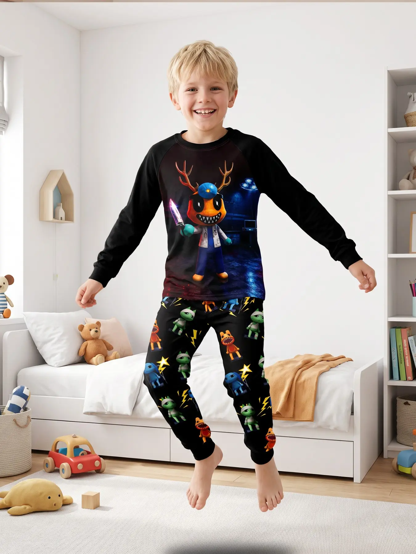 Animal Hospital Pajama Set for Kids, Halloween Candy Cartoon Monster Doctor Boys Girls Long Sleeve Top and Pants, Anime Character Pajamas