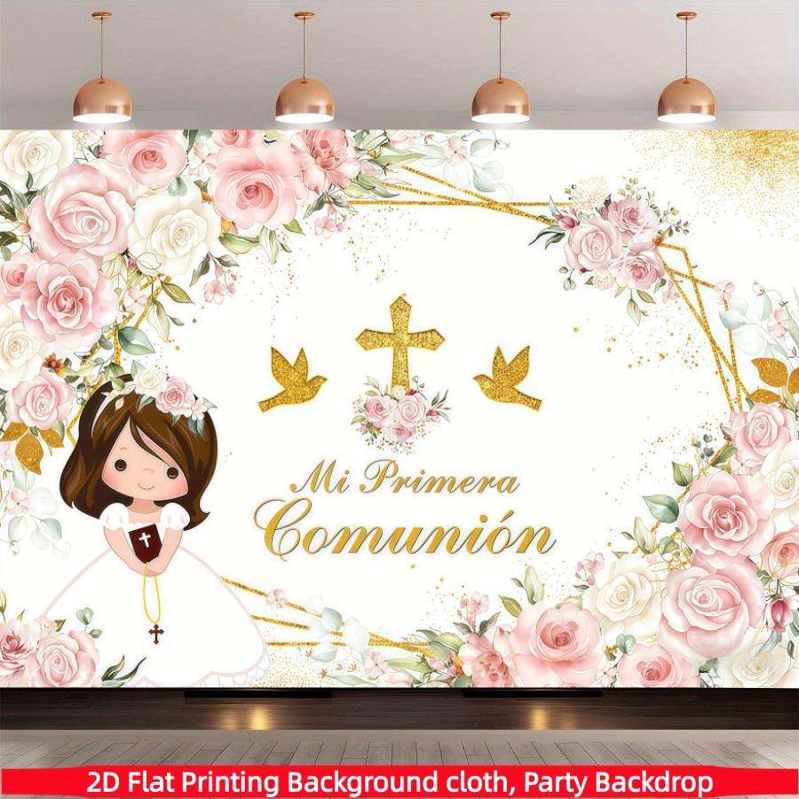 Spanish First Communion Background Banner, Bohemian Baptism Party Decor, Flowers, Polyester, Indoor Outdoor Birthday Party Decoration
