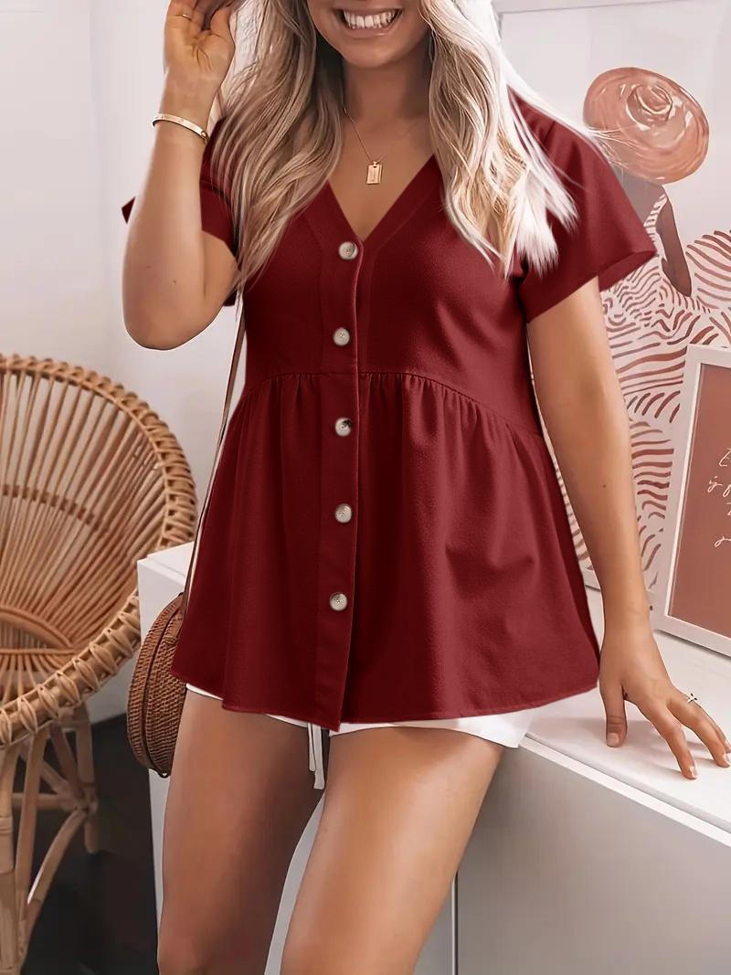 Imily Bela Womens Short Sleeve V Neck Blouse Button Down Shirt Loose Casual Ruffle Hem Babydoll Peplum Tops