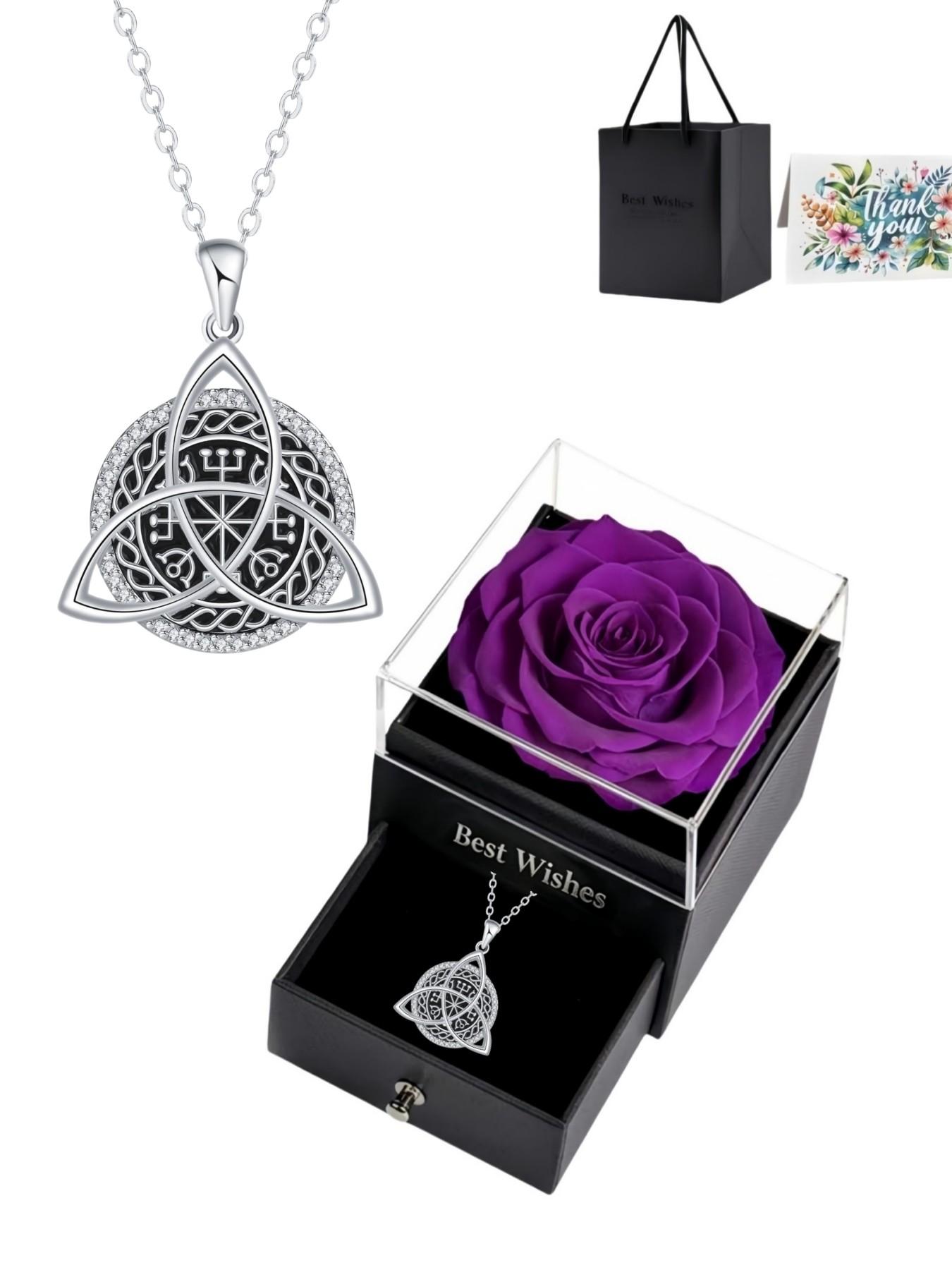 Triangle Pact · Dark Pattern Diamond Original niche Celtic knot vintage gem & diamond necklace with purple preserved rose gift box. Perfect for birthdays, Mother's Day, Valentine's Day and all festive gifting.