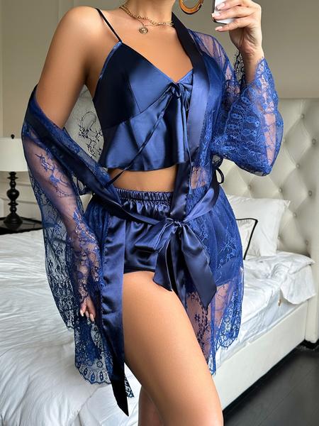 Women's Sheer Mesh Robe Lingerie Set, Sexy Plain Color Spaghetti Strap Shorts Three-Piece Suit, All-Season Fashion Sleepwear for Women