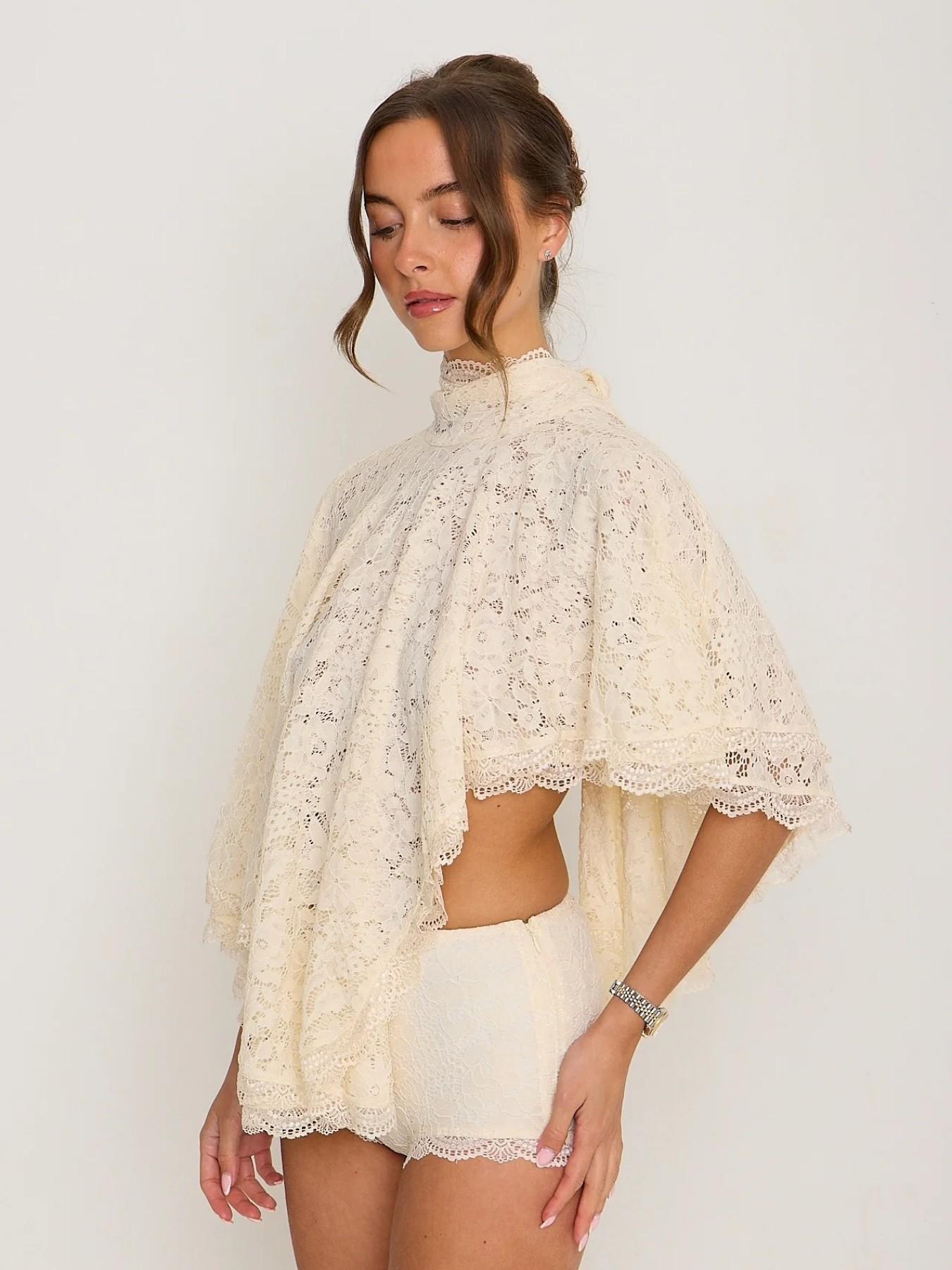 Cream Lace Half-Neck Cape Short Sleeve Top, Loose Batwing Sleeves, French Style, Chic, Versatile for Multiple Occasions