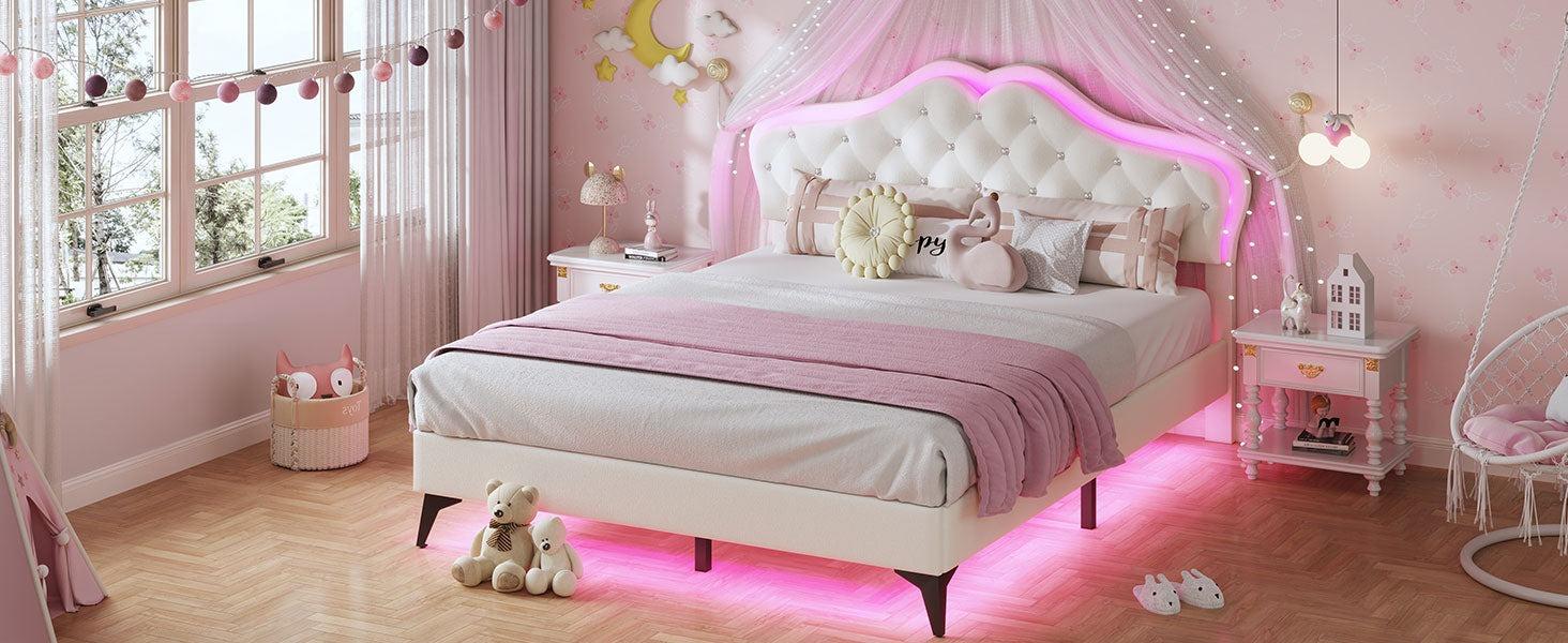 Sikaic Princess Velvet Upholstered Platform Bed Frame with Adjustable Crystal Button Headboard and RGB LED Lights Creamy White Furniture Design Home Pink