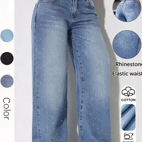 Women's Multi-Color Denim Jean Wide-Leg Pants, Loose-Fit Casual Style, Button Fly Closure, Floor-Length, All Seasons, Natural Waist