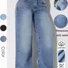 Women's Multi-Color Denim Jean Wide-Leg Pants, Loose-Fit Casual Style, Button Fly Closure, Floor-Length, All Seasons, Natural Waist
