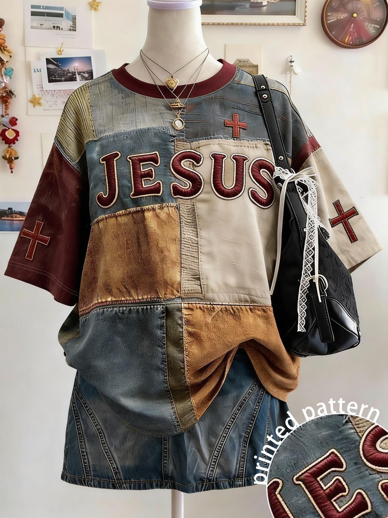 Vintage Patchwork Graphic T-Shirt, Bright Colors, Comfortable Jesus Cross Faith Pattern, Round Neck, Casual Daily Wear