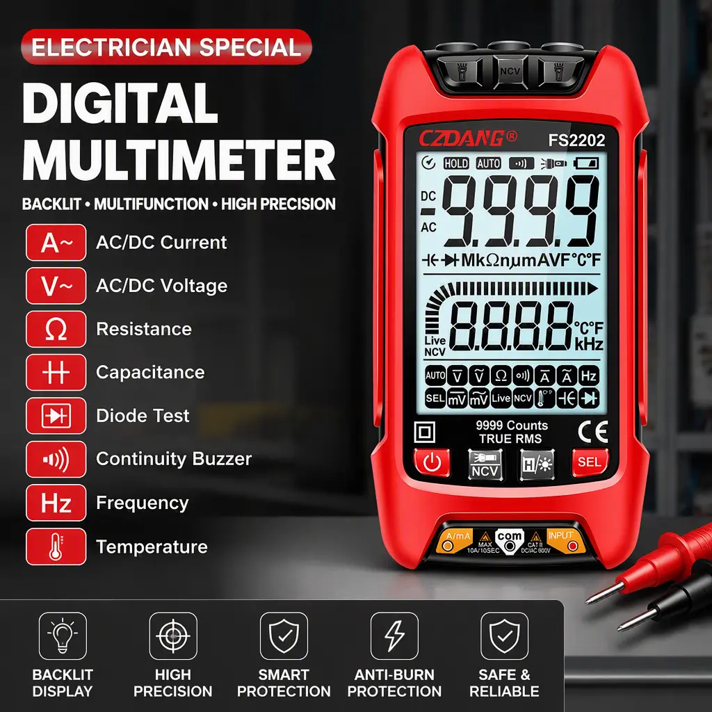 Hand‑Held True RMS Digital Multimeter, Backlit Display Multi‑Function AC DC Amp Volt Ohm Tester for Electrician Maintenance