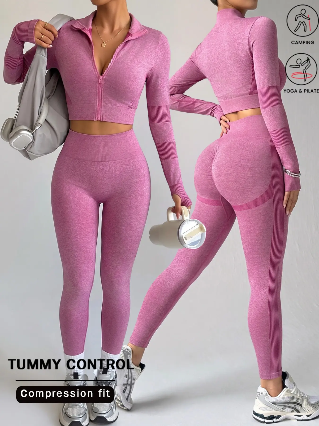Women's Fall Winter Yoga Set, Colorblock High Neck Long Sleeve Top, Half Zip Design, High Waist Tight Sports Pants, Outdoor Gym Wear