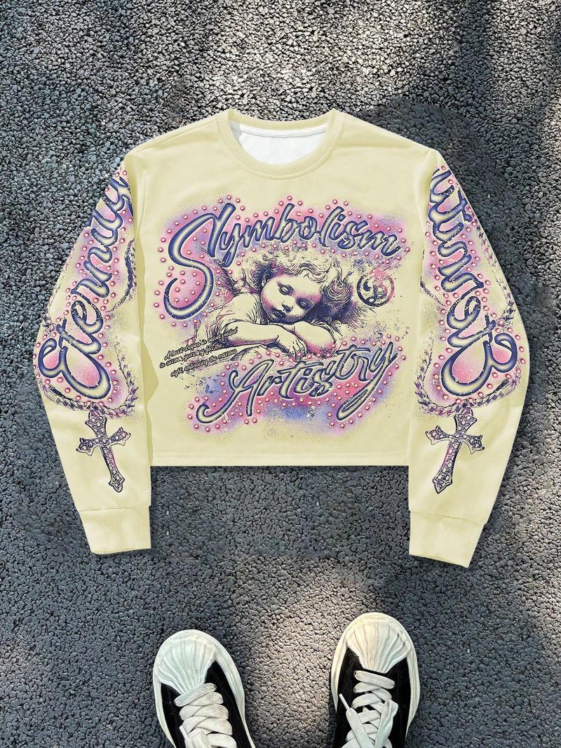 Unisex Streetwear Angel Print Design Sweatshirt, Loose-fitting Casual Long Sleeve Crewneck for Fall & Winter Fashion
