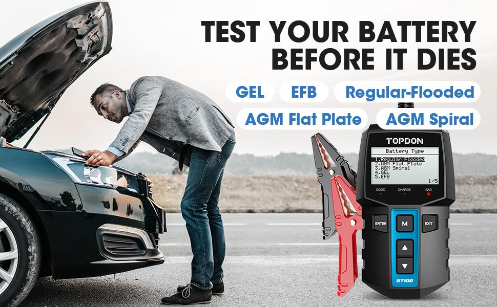 TOPDON BT100 Battery Tester,12V 100-2000CCA Car Battery Tester with Cranking Charging Tests, Ideal for DIYers & Auto Repair Shops