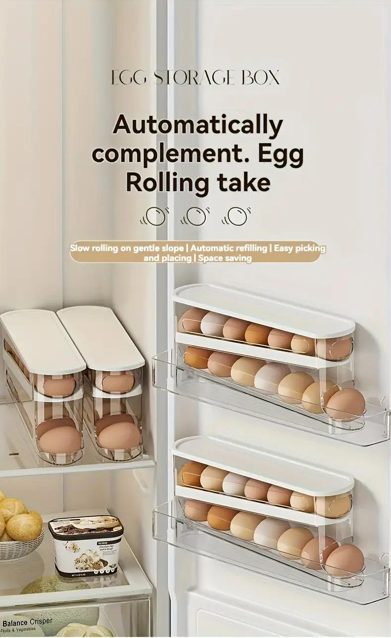 A stackable, adjustable rolling egg rack for refrigerator doors, Stackable Fridge Organizer, Refrigerator Storage, made of durable plastic, can hold 18 eggs, no battery required, suitable for kitchen organization accessories.