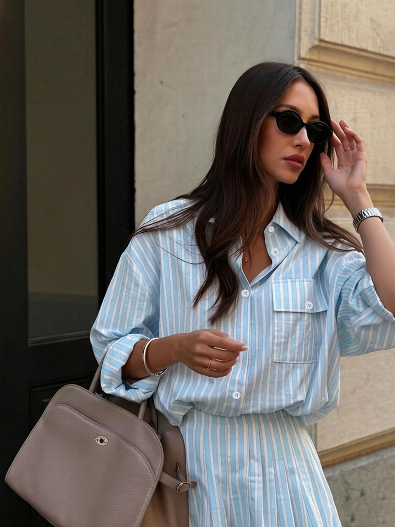 Women's Summer Comfortable Chic Striped Pocket Button-Front Shirt and Shorts Set for Daily Wear Fashion Style Sets
