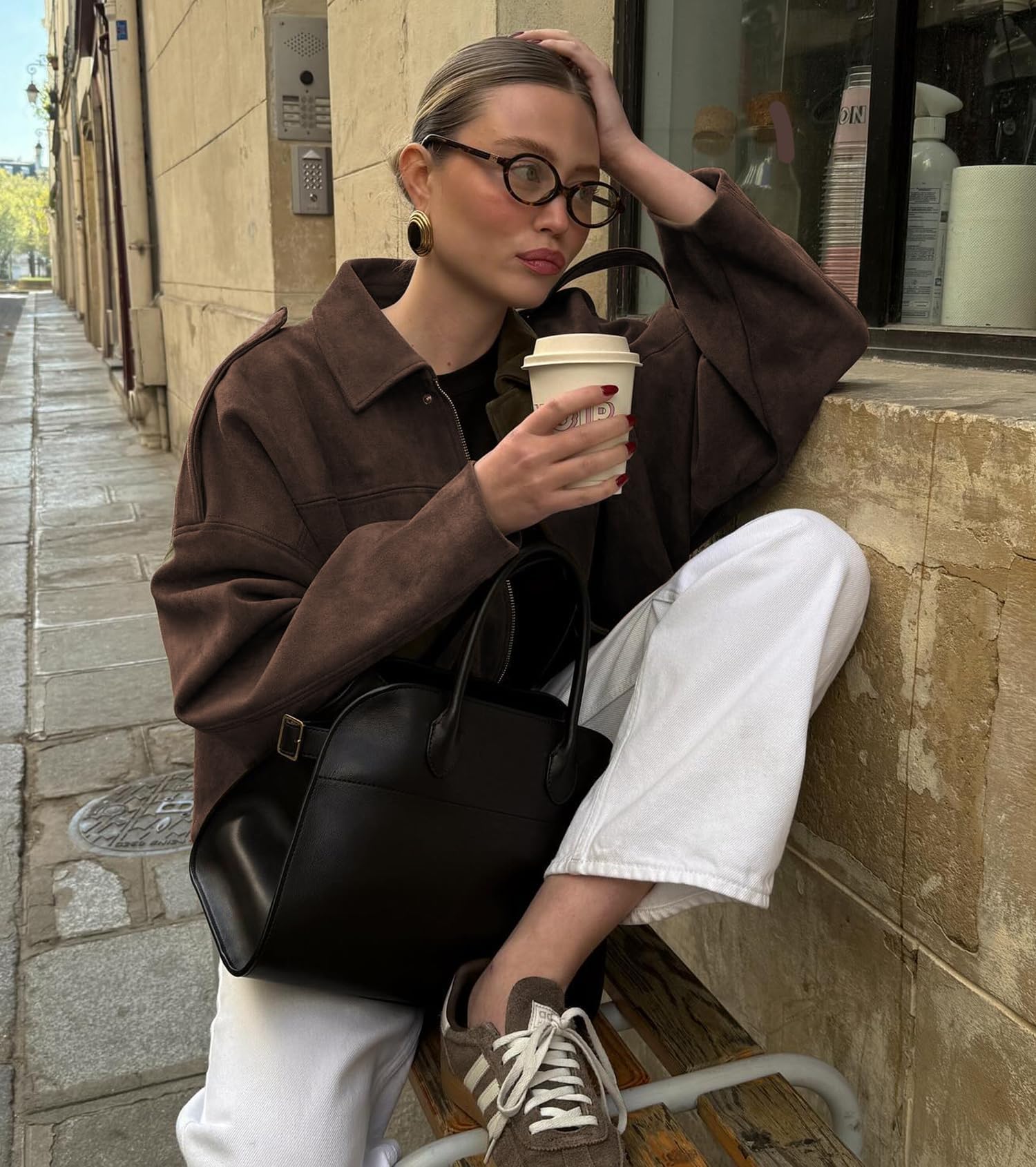 Buenoble Women's Faux Suede Bomber Jackets Cropped Fall Winter Lapel Motorcycle Coats Streetwear Outerwear with Pockets Tops Womenswear Basic Brown Casual Long Sleeve