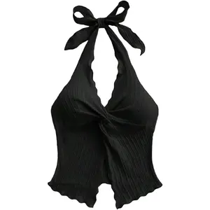 Women's Halter Tops Twist Front Slit Backless Cute Summer V Neck Tank Top Vacation Outfits