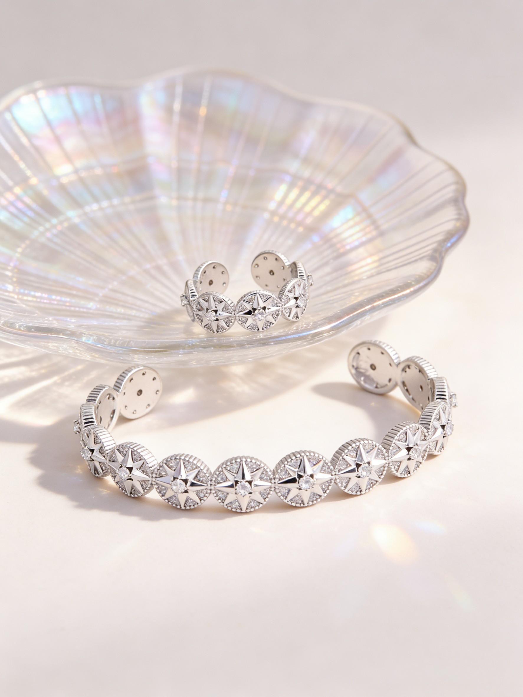 Bangle & Ring Set for Women, Luxury Starburst Cubic Zirconia Open Cuff Bracelet, Gold/Silver 2 Colors Optional, Elegant Jewelry for Office, Commute, Party & Prom