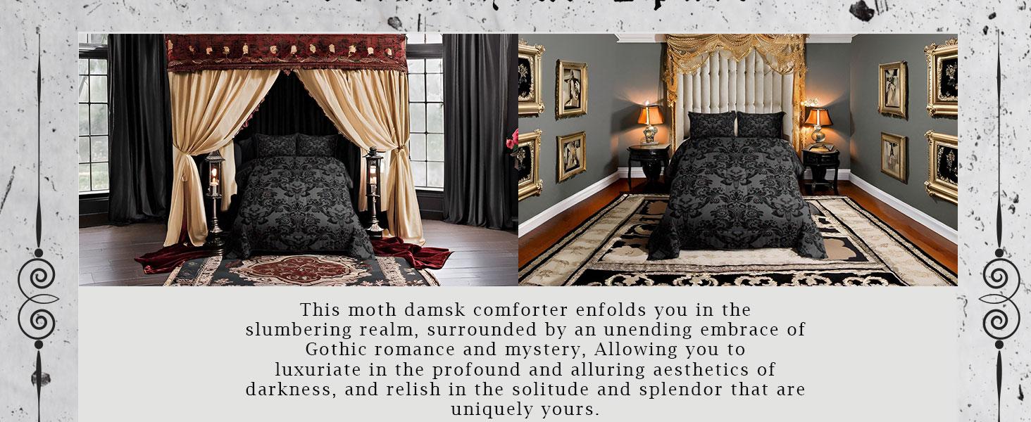 Gothic Comforter Set,Black Damask Comforter,Death Moth Bohemia Boho Luxury Bedding Set,Goth Skull Duvet Set,Vintage Victorian Baroque Floral Quilt Set