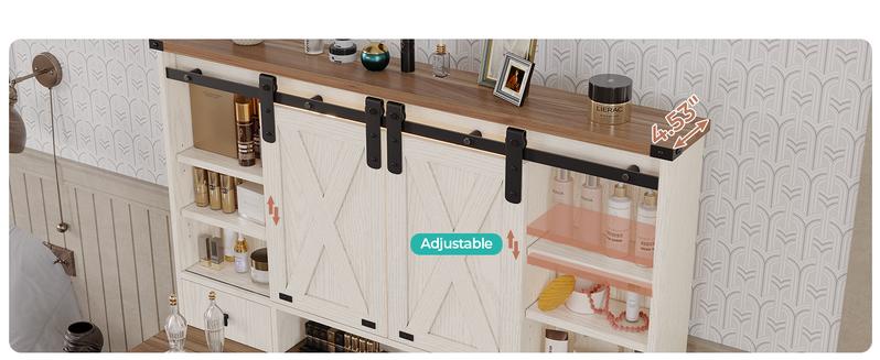 Sikaic Farmhouse Makeup Desk with Power Strips, Vanity Table with Sliding Barn Door and 5 Drawers, Dressing Table, White Furniture Organize Storage Bedroom