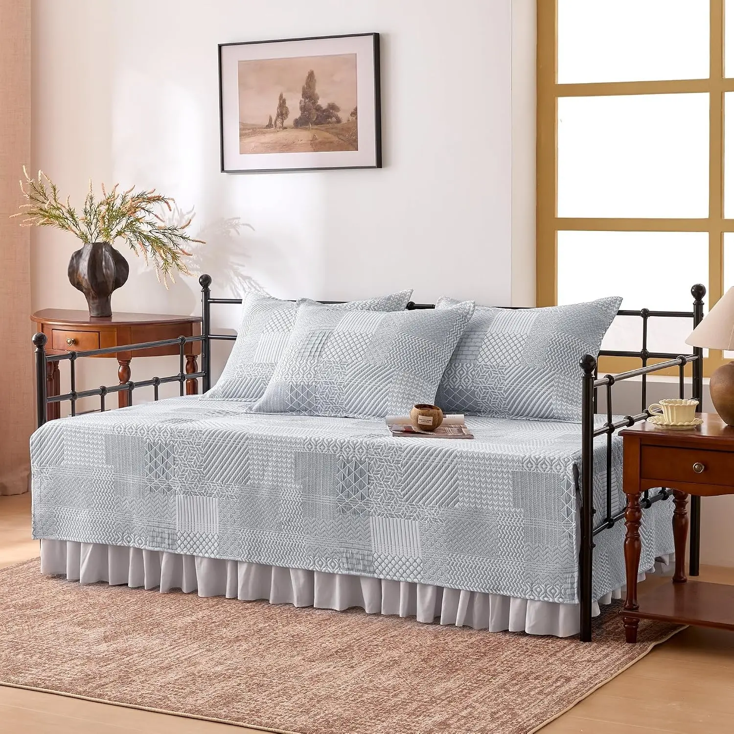 5 Pcs Daybed Cover Set Boho Patchwork Quilting Cozy All Season Soft Daybed Comforter Bedding Set with Bedskirt, Matching Sham, 75" × 39", Light Gray