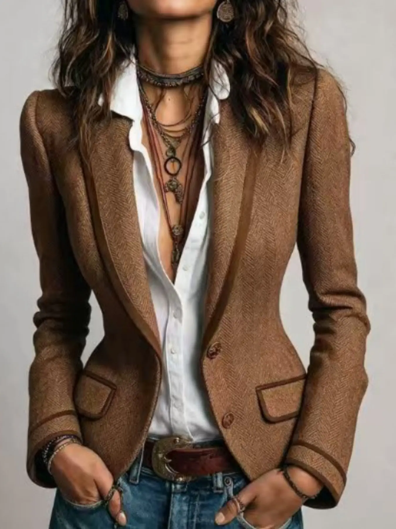 2026 Vintage Peacock Blue Herringbone Suit Jacket for Women, Colorblock Waistcoat, Slim Fit Small Blazer, European and American Style