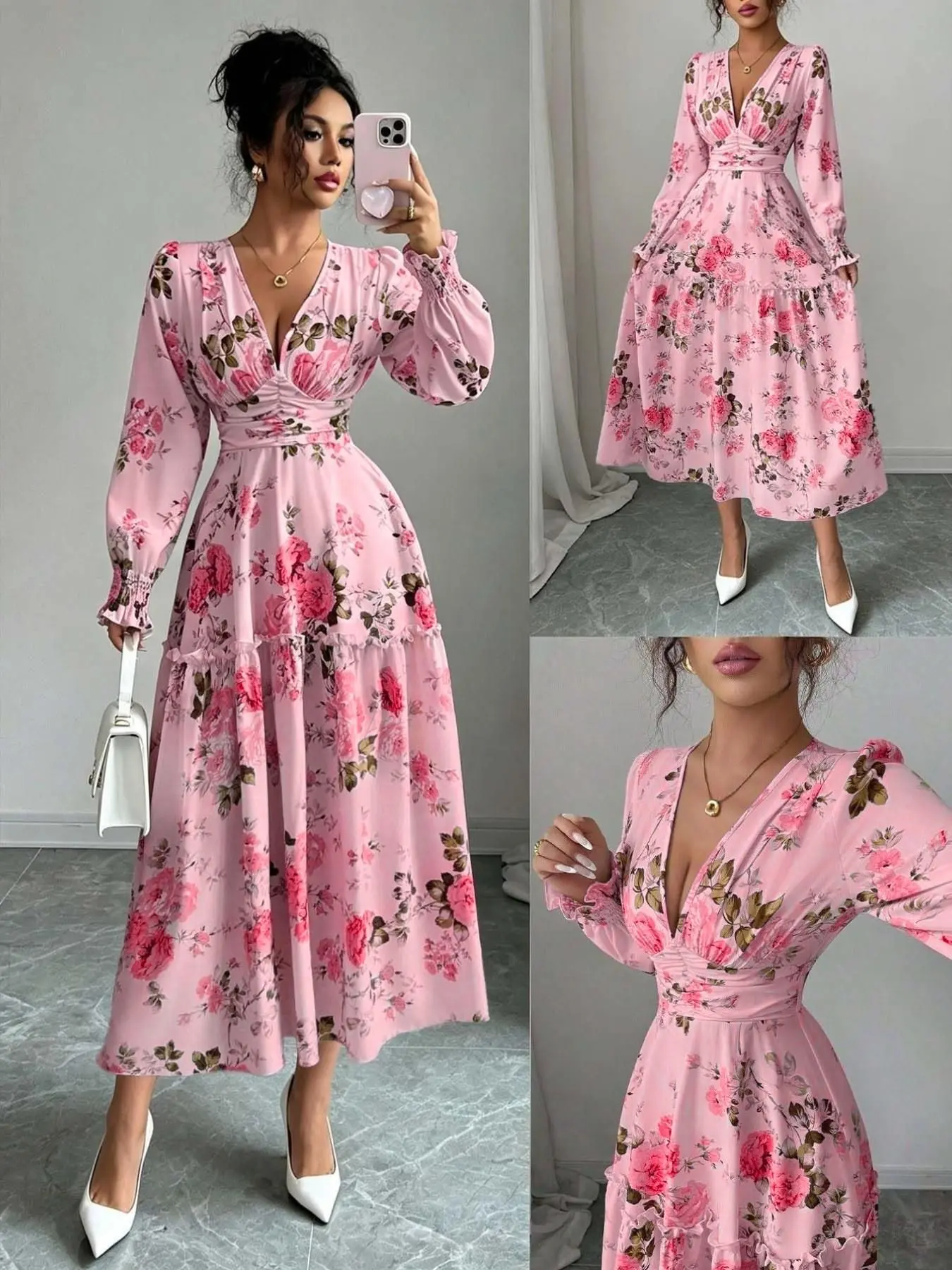 Women's Floral Print Dress, Floral Printed Ruched, French Romantic Design, Ruched Peter Pan Sleeves, Deep V Neck, Slim Fit, Long Sleeve, Perfect for Dates & Parties