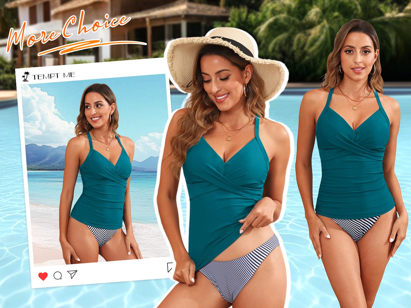 Tempt Me Women Tankini Bathing Suit Top - Twist Front V Neck Swim Top Ruched Tummy Control Top Only No Bottom