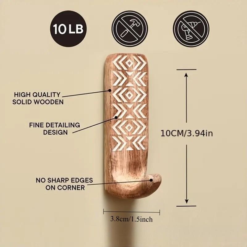 Boho Hand Carved Wooden Wall Hooks, 3 Pack Rustic Geometric Pattern, Wall Mounted Hooks for Coats, Bags, Towels, Keys