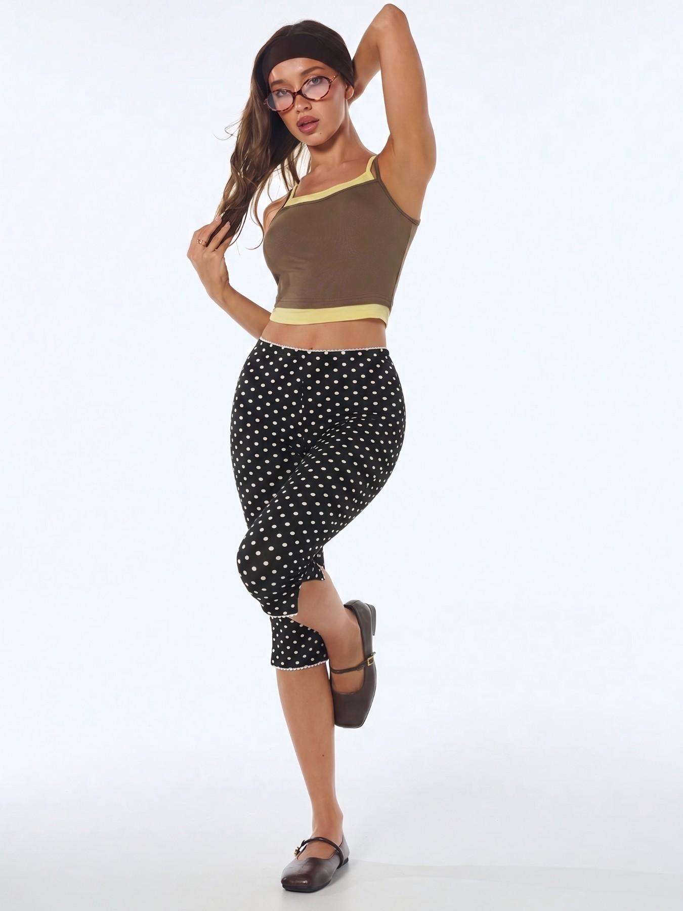 Women's Black White Polka Dot Lace Hem Capri Pants 2026 Y2K Retro High Waisted Slim Fit Casual Streetwear Summer Daily Trendy Going Out Stylish Bottoms Viral TikTok Fashion Essential