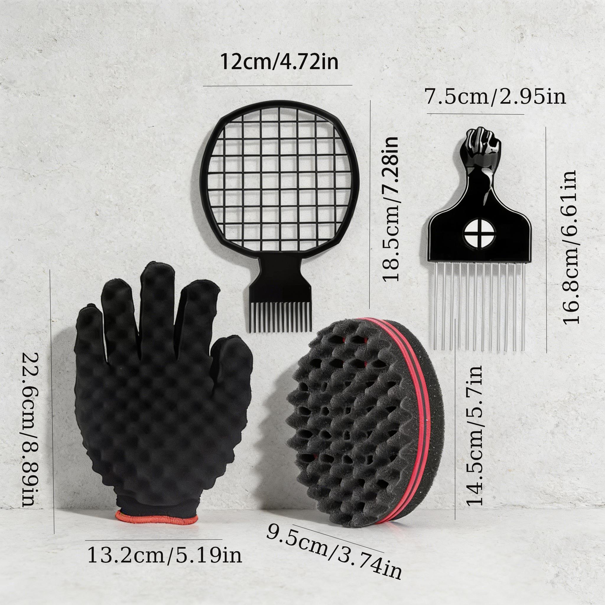 4-Piece Hair Styling Tool Set, Styling Kit, Heatless Styling, Includes Sponge Curl Brush, Perm Grid Comb, Sponge Gloves, Steel Needle Curling Comb, Braiding Tools for Salons