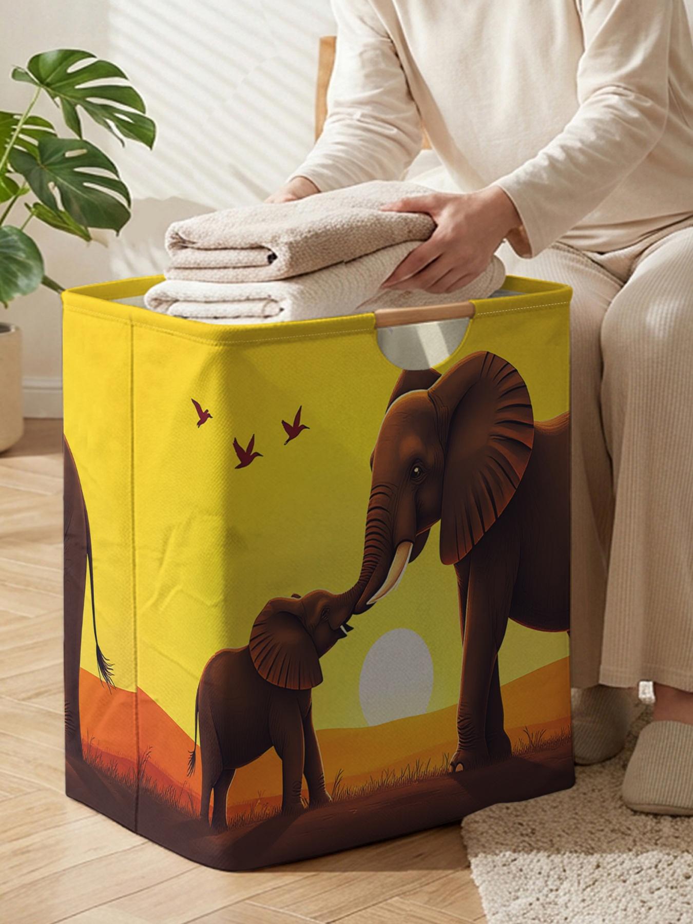 An open storage box with an elephant pattern print, a foldable storage and laundry basket, a storage bag with a handle, suitable for home use in the bathroom, and a foldable laundry basket for dirty clothes storage