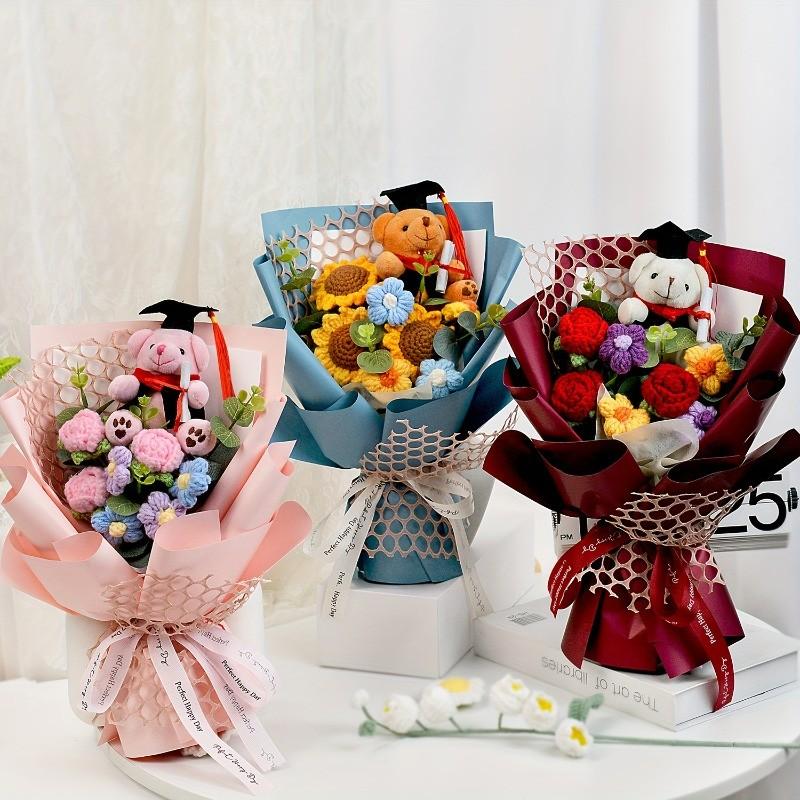 Crochet Flower Bouquet Set with Plush Bear and Gift Bag, Ideal for Graduation Gifts, Teacher's Day, Sunflowers and Daisies, Year-Round Decor