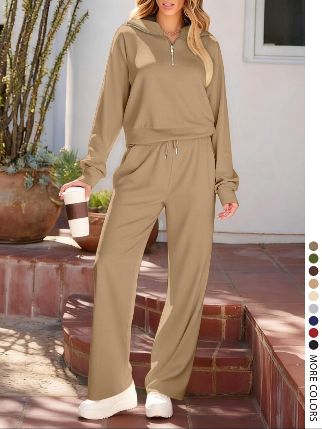 Pure Color Half-Zip Shoulder Pad Sporty Top Long Pants Set, Casual Loose-Fitting Short Upper Long Lower, Perfect for Spring Summer