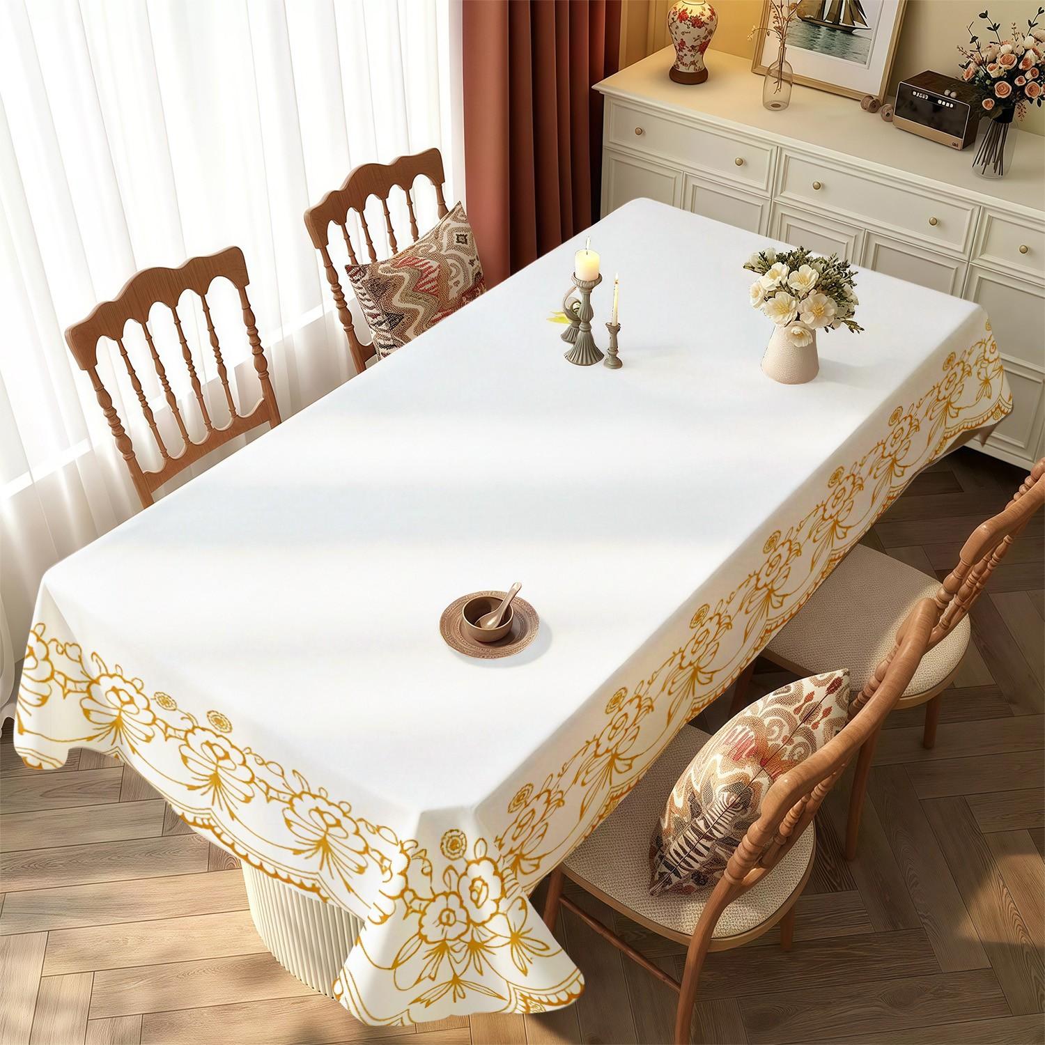 Rectangular Tablecloth with Floral and Bow Edges, Polyester Material, Multiple Sizes Available, Easy to Clean