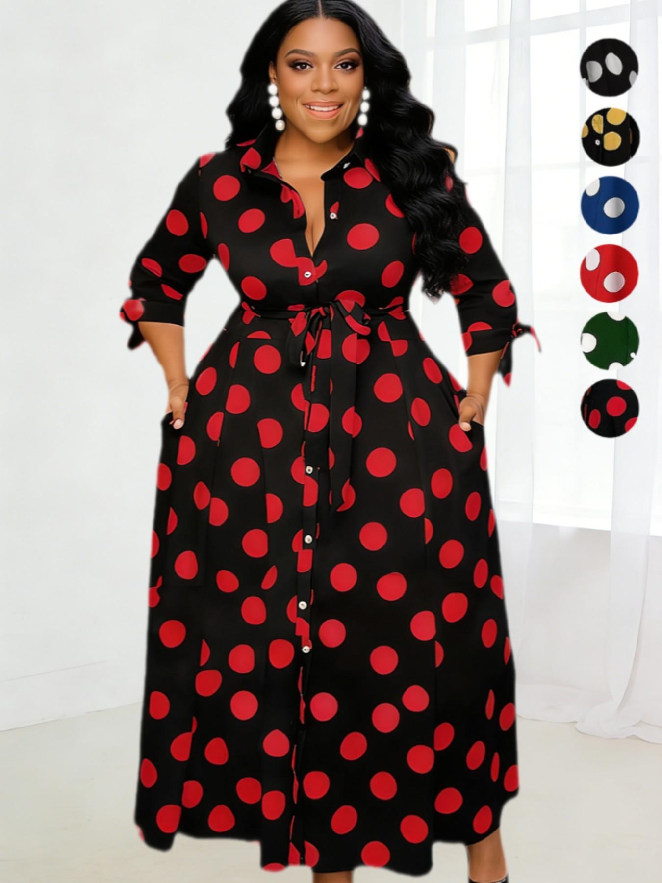 Plus Size Polka Dot Print Belted Button Front Shirt Dress, Elegant 3/4 Sleeve Tie Front High Waist Long Dress for Vacation Holiday Party, Women's Clothes for Summer