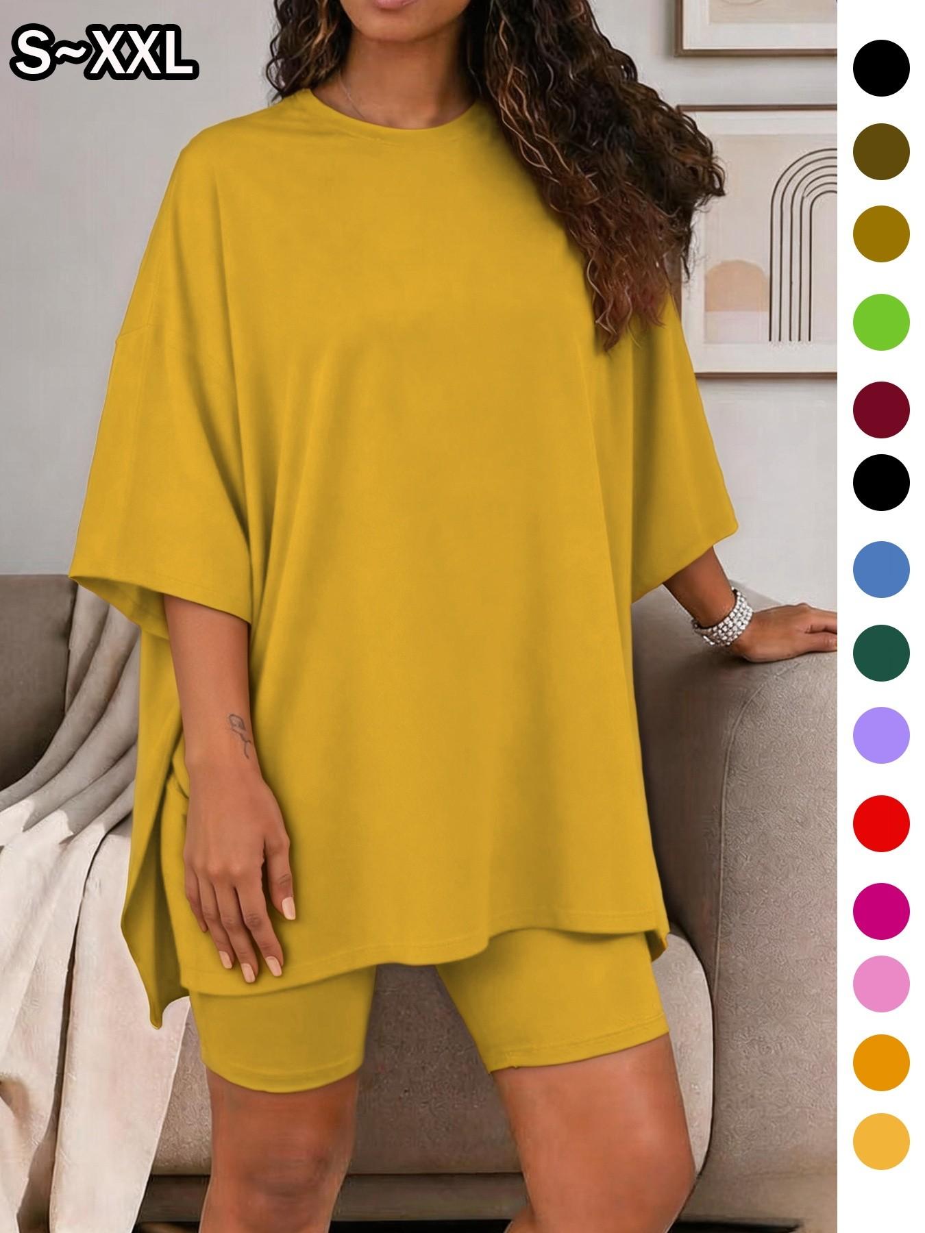Women's Solid Color T-Shirt and Tight Shorts Set Loungewear, Summer Comfort Round Neck Pajamas, Casual Pocket Design, Suitable for Outdoor Wear