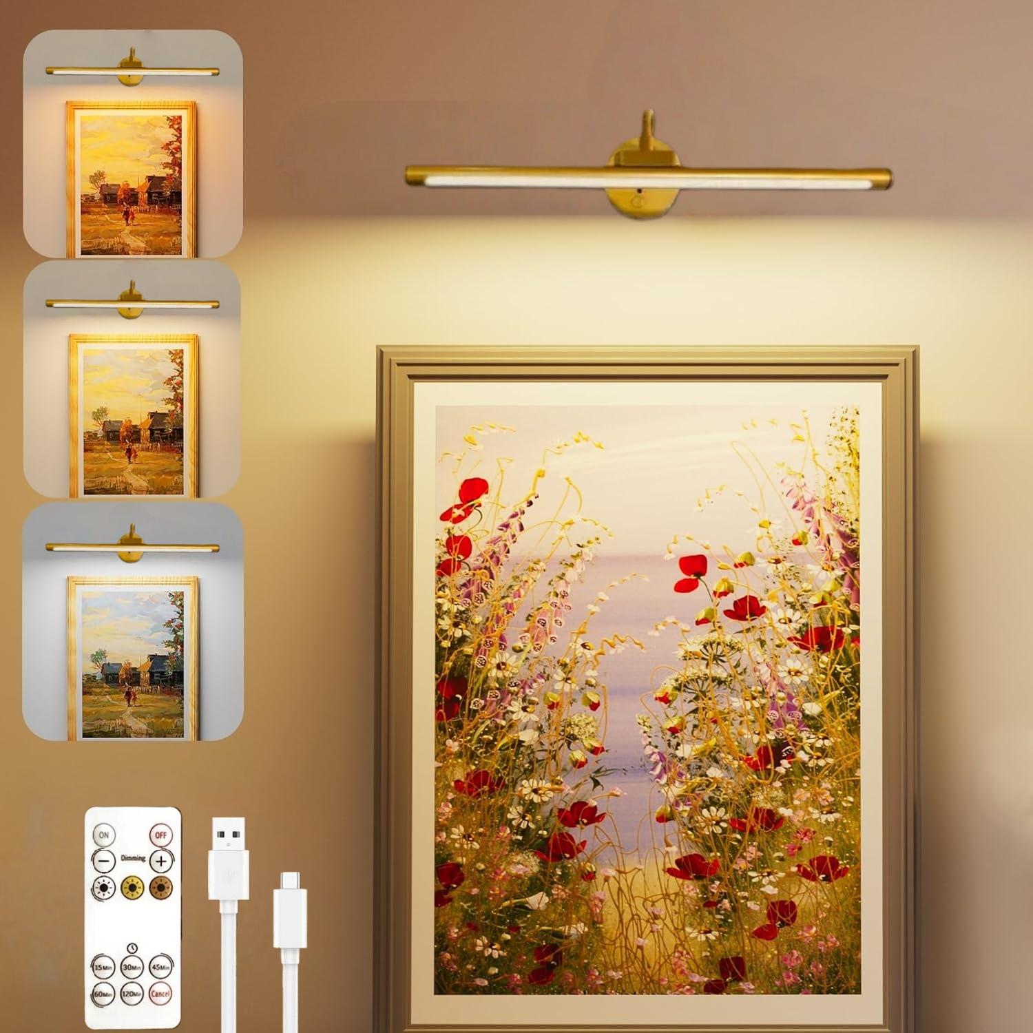 1pc Adjustable Dimmable Picture Light with Remote Control and Timer, Gold, USB Rechargeable Wall Light for Gallery Art, Paintings, Portraits, Dimmable Wall Lamp